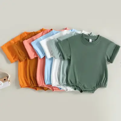 Unisex Baby Boy Girl T Shirt Romper Solid Color Short Sleeve Bubble Romper Oversized Crewneck Bodysuit Top