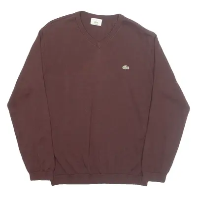 LACOSTE Mens Jumper Brown V-Neck Tight Knit S