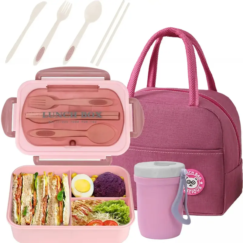 Lunch Box Set, 3 Counts/set Including Lunch Box, Soup Cup & Insulated Lunch Bag, Kitchen Accessories, Lunch Boxes with Cutler...