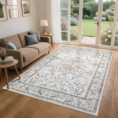 Garvee Large Area Rug 8x10 Modern Farmhouse Floral Non-Slip Washable Polyester Soft Thin Foldable Beige Living Room Bedroom