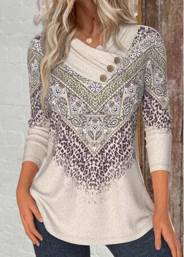 Modlily Light Camel Button Leopard Long Sleeve T Shirt - M