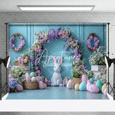 Aperturee Blue Wall Purple Floral Arch Eggs Easter Backdrop, 3X2FT(1MX0.6M), 14 USD, easter backdrops, ENHD3J50-M