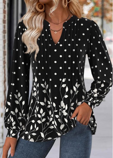 Modlily Black Leaf Print Long Sleeve Split Neck Blouse - M