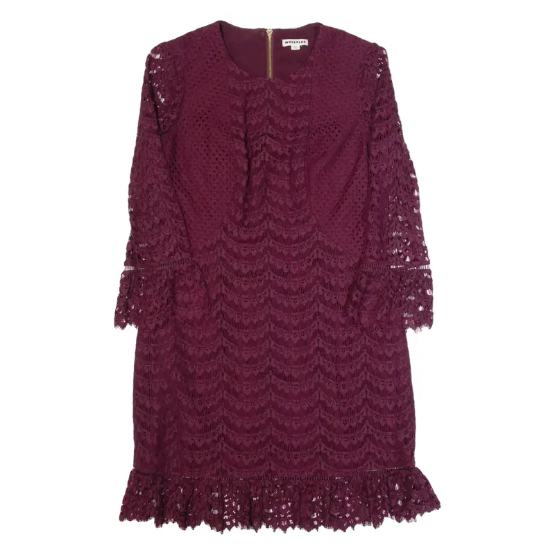 WHISTLES Womens Shift Dress Maroon Lace Long Sleeve Midi UK 14