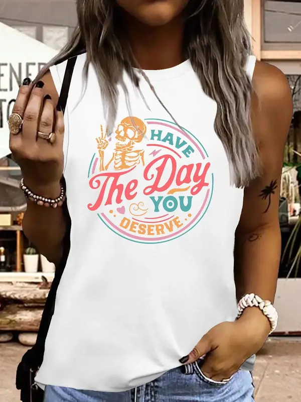 Women's Skeleton & Letter Print Round Neck Graphic Tee, Vintage Trendy Casual Sleeveless Tank Top for Daily Wear, Ladies All ...