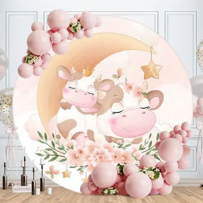 Aperturee Pink Cows And Moon Round Baby Shower Backdrop