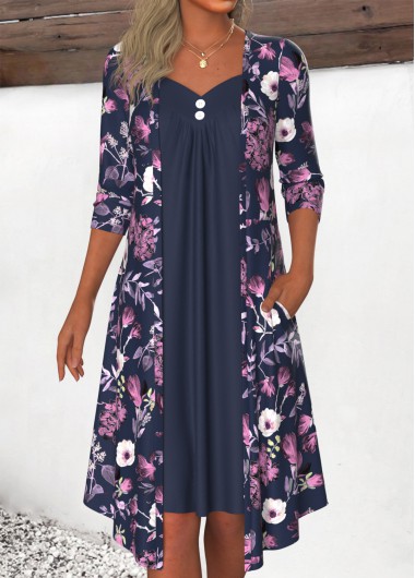 Modlily Navy Fake 2in1 Floral Print A Line Dress - L