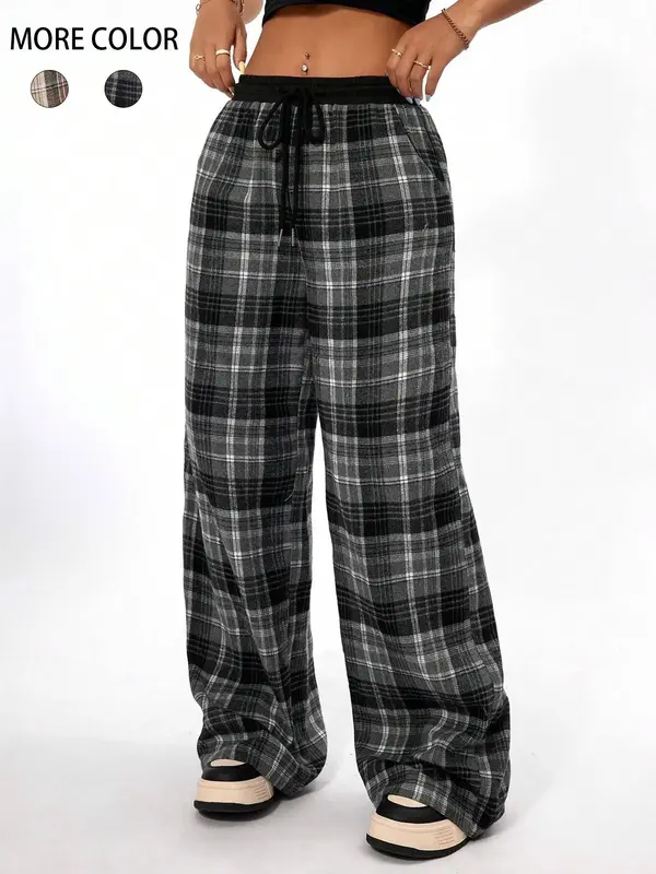 Women's Plaid Print Drawstring Waist Wide Leg Pants, Pants for Women, Going Out Bottoms, Casual Comfy Pocket Trousers for Spr...