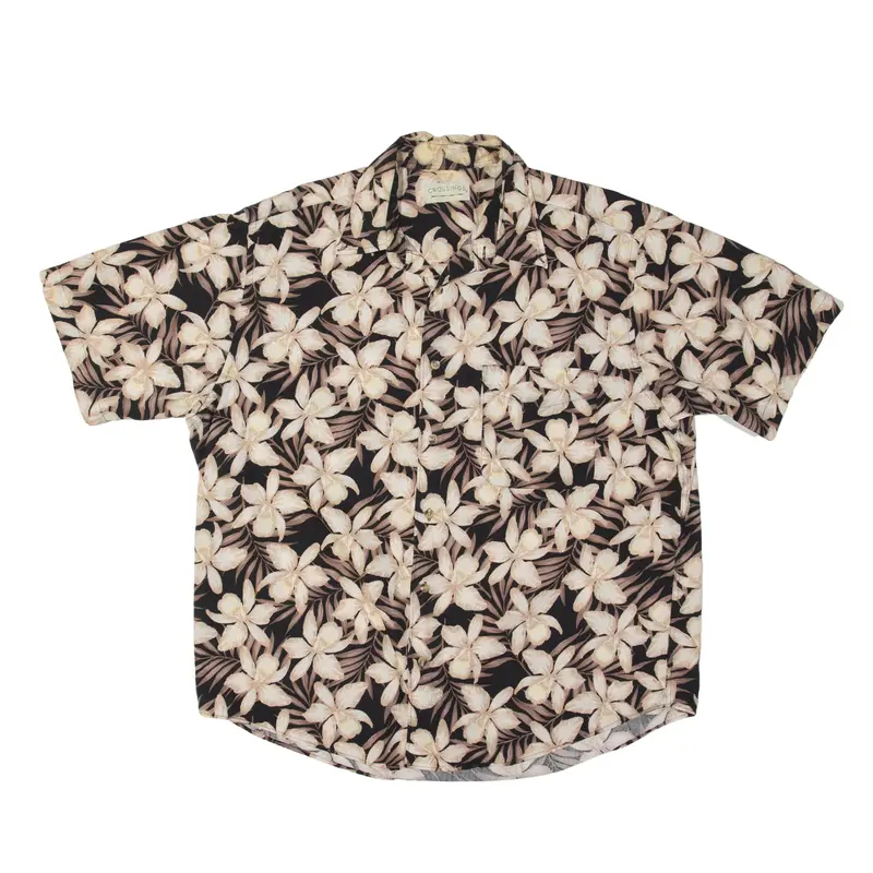 CROSSINGS Hawaiian Shirt Black Floral Short Sleeve Mens L