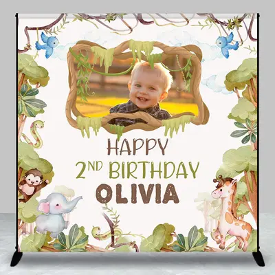 Custom Name Photo Safari Forest Birthday Backdrop
