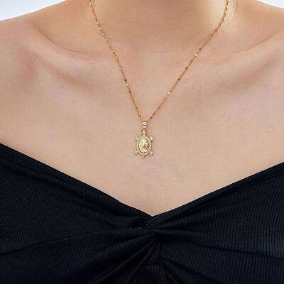 Brass Clear Cubic Zirconia Shiny Tortoise Pendant Dapped Chain Necklaces for Women