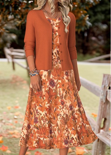 Modlily Orange Tummy Coverage Random Floral Print Dress and Cardigan - XXL