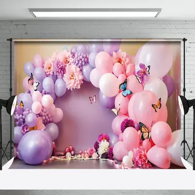 Aperturee Pink Purple Balloons Butterfly Cake Smash Backdrop