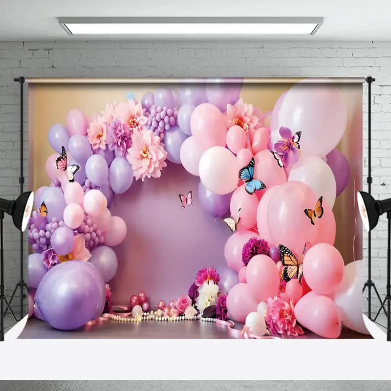 Aperturee Pink Purple Balloons Butterfly Cake Smash Backdrop