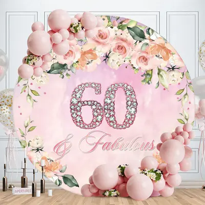 Aperturee Pink Floral Diamond 60th Round Happy Birthday Backdrop