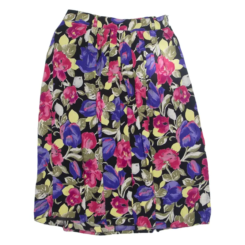 Womens A-Line Skirt Black Knee Length Viscose Floral UK 10