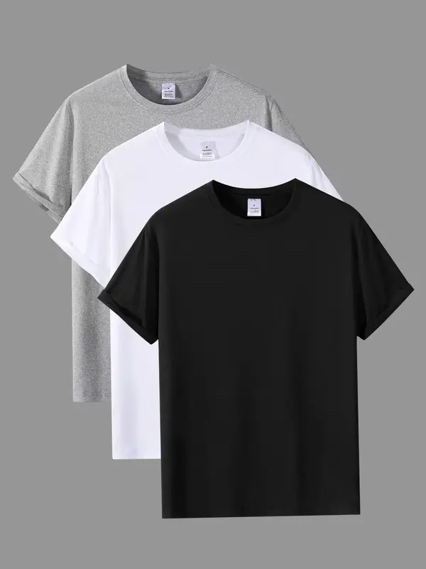 Men's Solid Color Round Neck Tee, Regular Fit Casual Rew Neck Short Sleeve T-shirt, Streetwear, Summer Tees for Men, Summer C...