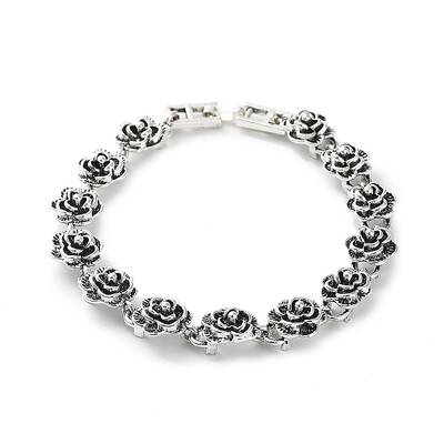 Vintage Alloy Rose Flower Link Chain Bracelet for Women
