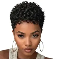 Elegant Short Curly Pixie Wig with Bangs for Women 6-Inch Brazilian Virgin Remy Human Hair 180% Density Glueless Rose Net Cap...