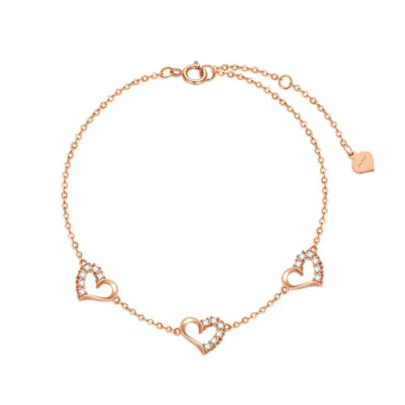 10K Rose Gold Moissanite Heart With Heart Single Layer Charm Anklet