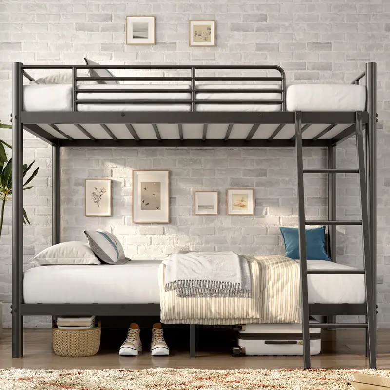 Twin Bunk Metal Bed with Ladder and Guardrails, Heavy Duty Metal Construction, Black, Suitable for Teens and Adults