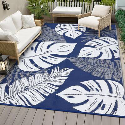 Garvee Outdoor Dark Blue 10x14 Waterproof Plastic Straw Rug Reversible Lightweight Durable with Stakes Carry Bag for Patio Ba...