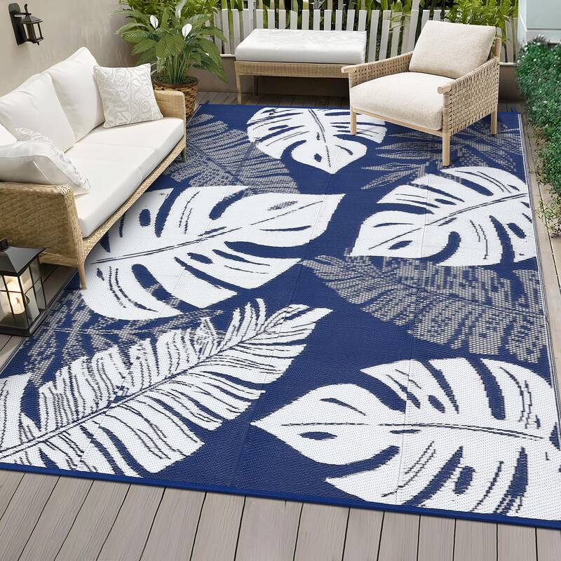 Garvee Outdoor Dark Blue 10x14 Waterproof Plastic Straw Rug Reversible Lightweight Durable with Stakes Carry Bag for Patio Ba...