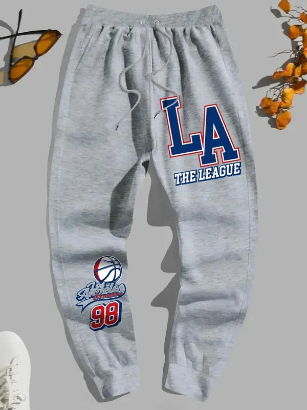 Men's Letter Print Pocket Drawstring Waist Sweatpants, Regular Fit Casual Soft Comfortable Thermal Lined Jogger Pants For Spr...