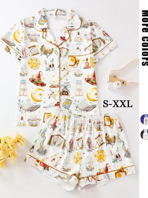 Women's All Over Print Pajama Two-piece Set, Casual Comfy Short Sleeve Lapel Neck Pajama Top & Elastic Waist Shorts PJ Set, L...