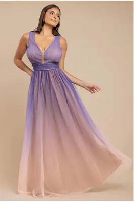 Goddiva Sleeveless Ombre Pleated A-Line Maxi Dress - Lilac Ombre