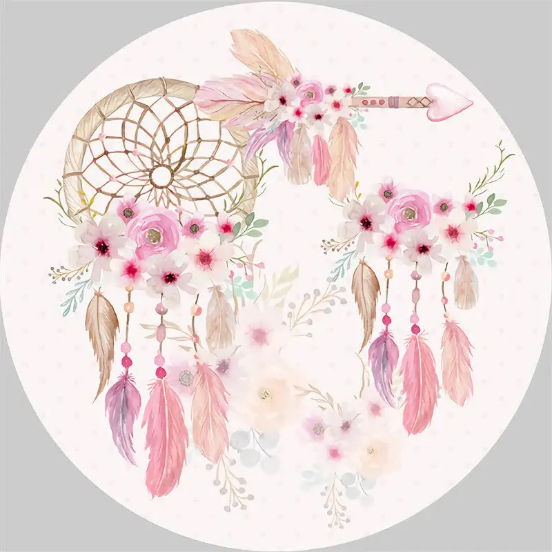 Aperturee Pink Floral Dreamcatcher Round Birthday Backdrop Kit | Round Backdrop Fabric Cover | Round Birthday Backdrop Cover ...