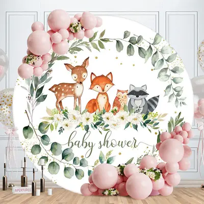 Cute Animals Flower Leaves Round Baby Shower Backdrop - Aperturee