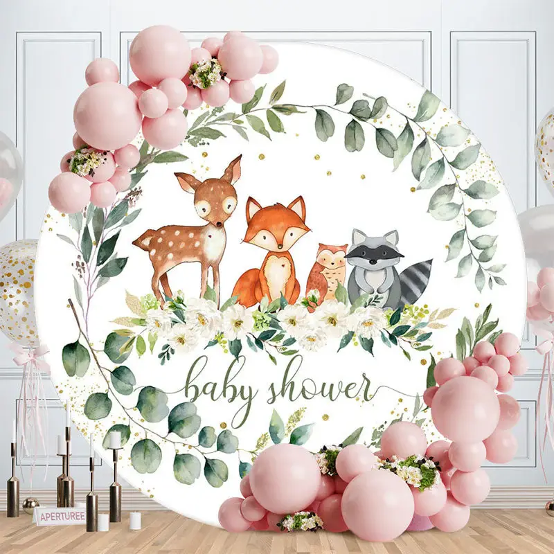 Cute Animals Flower Leaves Round Baby Shower Backdrop - Aperturee