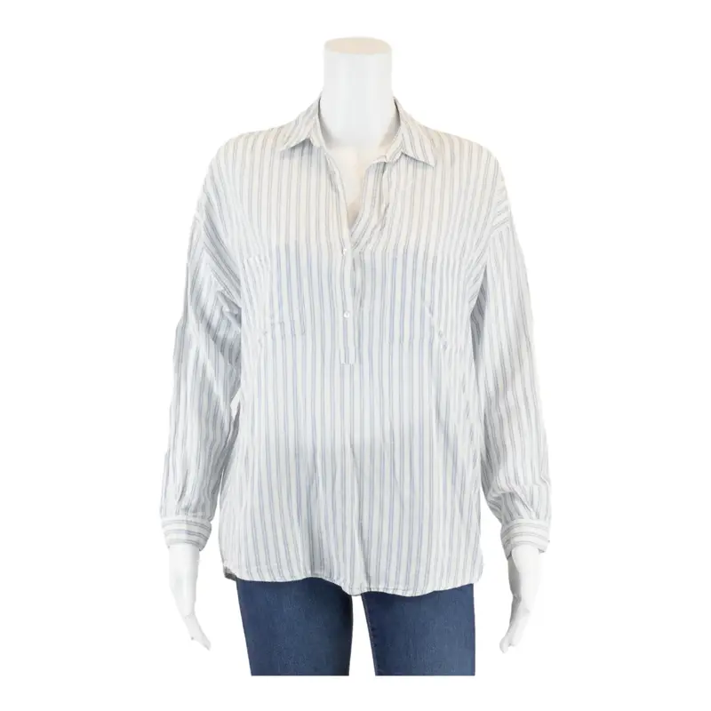 ZARA Blue V-Neck Striped Long Sleeve Blouse Womens XS