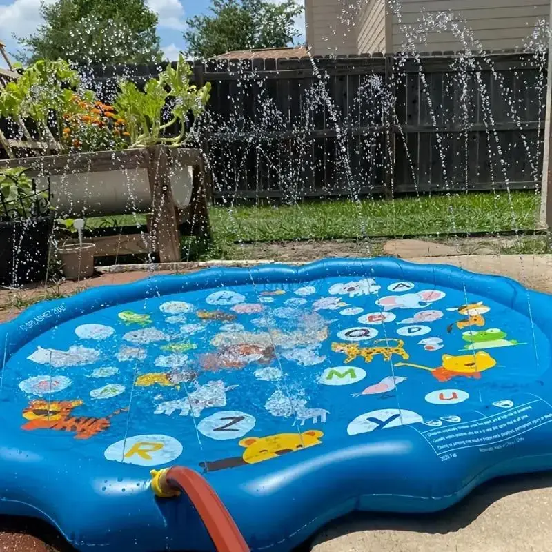 Inflatable Swimming Pool, Portable Swimming Pool with Water Sprinklers, Alphabet & Number Learning Mat, Summer Yard Lawn Play...