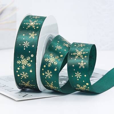 22M Flat Christmas Snowflake Printed Polyester Satin Ribbons