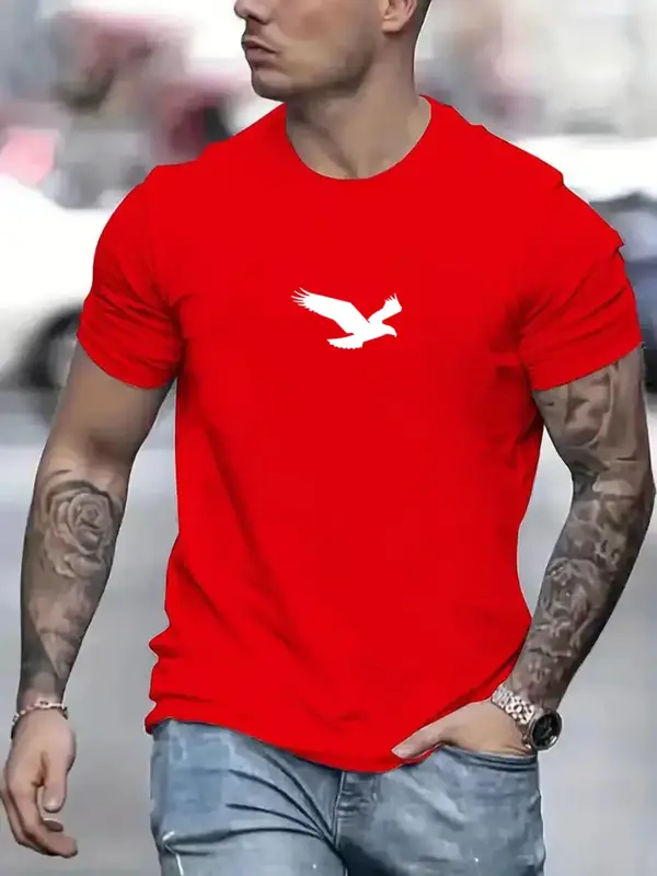 Men's Eagle Print Round Neck Tee, Casual Regular Fit Short Sleeve Crew Neck T-Shirt for Summer, Fashion Men's Top for Daily ...