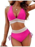 Large Size Women High Waisted Bikini Sets Tummy Control Swimsuits Color Block Two Piece Drawstring Bathing Suit