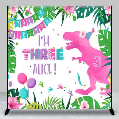 Monstera Pink Dinosaur Custom Name Birthday Backdrop