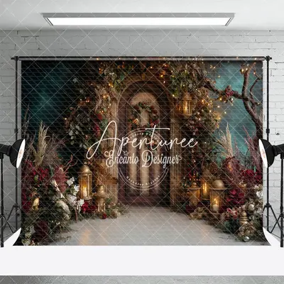 Aperturee Lighted Wooden Door Plant Wreath Christmas Backdrop, 3X2FT(1MX0.6M), 14 USD, christmas backdrops, ENHD2J21-M