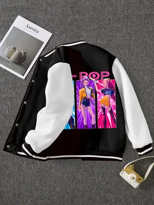 Girls' Spring & Fall Fashion Kpop Series Print Fleece Lined Jacket, Cute Style Baseball Coat, Casual Preppy Look