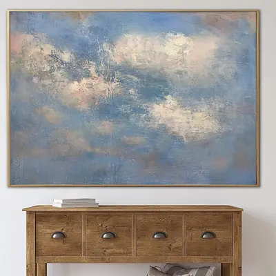 Abstract Blue Painting on Canvas Original Clouds Artwork Blue Sky Wall Art Modern Oil Painting Neutral Artwork for Indie Room...