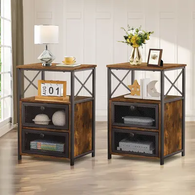 VECELO NightstandWith 2 Flip Drawers Bedside Table End Table 2 Tiers Storage Shelves for Living Room Bedroom,Small Spaces Set...