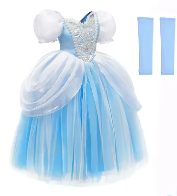 Princess Costume for Girls with Sleeves Blue Princess Dress for Girls Toddler Halloween Party Cosplay Costume Toddler Puffy S...