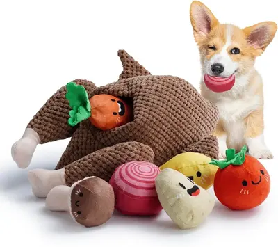 Nocciola 7-in-1 Thanksgiving Turkey Dog Toy,Big Turkey Puzzle Toy with 6 Squeaky Veggie Plush Toy, Interactive Enrichment Dog...