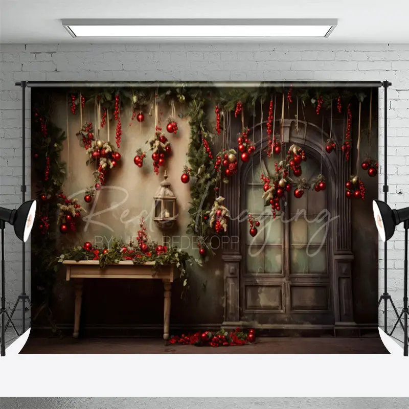 Vintage Door Red Ball Christmas Photoshoot Backdrop - Aperturee