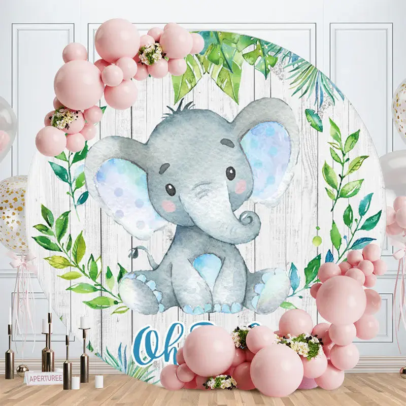 Aperturee Round Elephant And Wooden Baby Shower Backdrop