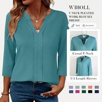 WIHOLL 3/4 Length Sleeve Womens Tops V Neck Pleated Work Blouses Dressy Casual Summer Tops 2025 Trendy