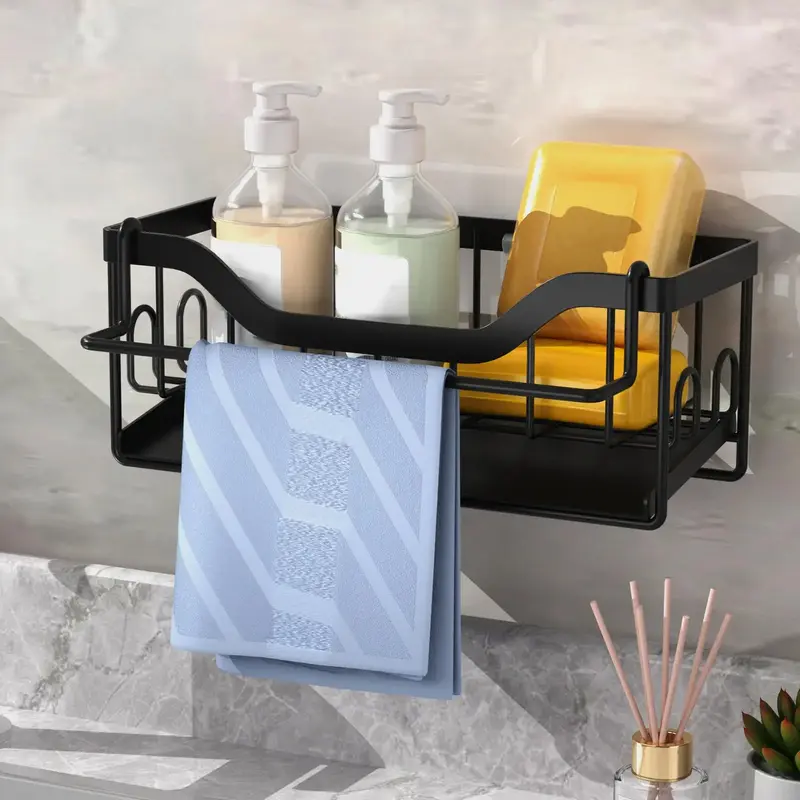 1 Count  Sink Drain Rack, Metal Sponge Holder with Detachable Towel Hanging Rod, Punch Free Wall Mounted Countertop Organizer...