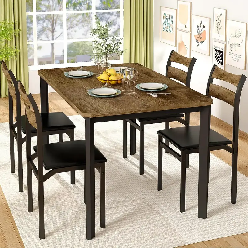 Recaceik Dining Table Set for 4, 43.3 Dining Room Table with 4 Upholstered PU Leather Chairs, Modern Wood Kitchen Table and...